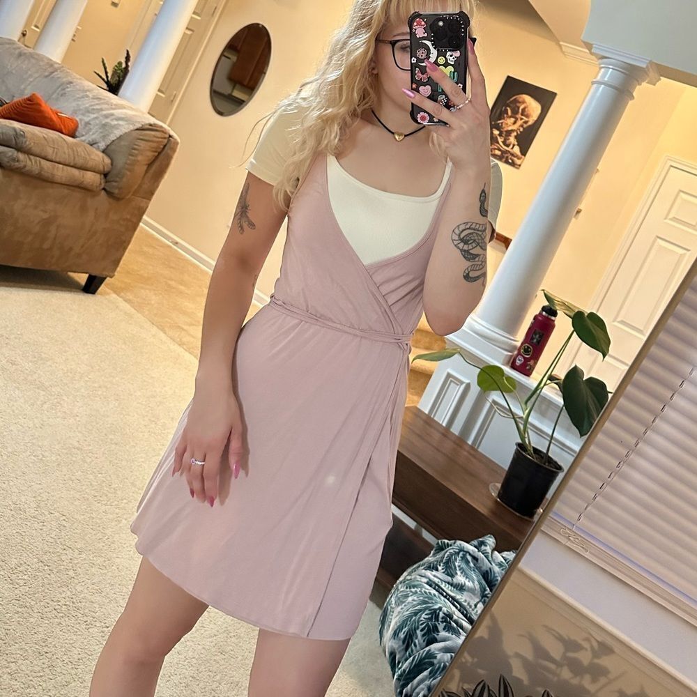 Aritzia ballerina style light pink wrap plunging Mini Dress
